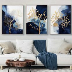 Ensemble de 3 art mural BLEU MARINE & BLANC & GOLD